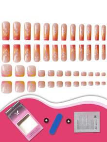 48pcs/Set Square Press-On False Nails With Floral French Tip Design, Including Jelly Glue And Nail File, Suitable For All Women, Perfect Accessory For Daily Wear To Add Charm To Your Fingertips. Nail Supplies - Multicolor - View 5