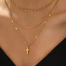 1 pieza Colgante de cruz multicapa de acero inoxidable chapado en oro de 18K, hipoalergénico y resistente a la decoloración, adecuado para uso diario, vacaciones, regalo de cumpleaños