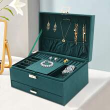 Jewelry Box, 3 Drawer Jewelry Storage Box, Dark Green Jewelry Organizer With 6 Hooks, 24*17*11 Cm Jewelry Box - 墨綠色 - 查看 4