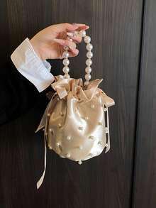 Summer Pearl Embedded Silk Small Handbag For Women, New Clutch Bag For Banquet Party, Handle/Crossbody Bucket Bag, Elegant & Versatile Phone Wallet Coin Purse - Beige - View 2