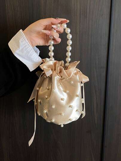 Summer Pearl Embedded Silk Small Handbag For Women, New Clutch Bag For Banquet Party, Handle/Crossbody Bucket Bag, Elegant & Versatile Phone Wallet Coin Purse