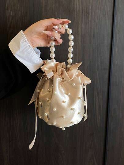 Summer Pearl Embedded Silk Small Handbag For Women, New Clutch Bag For Banquet Party, Handle/Crossbody Bucket Bag, Elegant & Versatile Phone Wallet Coin Purse