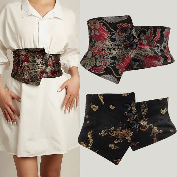 Chinese Style Wide Waist Belt, Traditional Dragon Pattern Waistband For Skirts