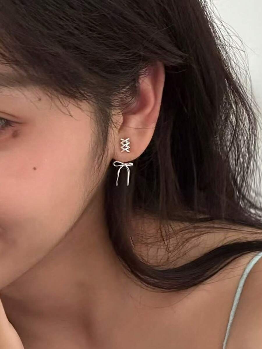 1 对女士蝴蝶结耳环，精致优雅别致甜美清新风格，丝带可爱耳环，适合婚礼、新娘和伴娘配饰 - 銀色 - 查看 1