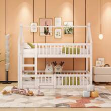 okwish Letto a castello con scala, letto a soppalco con protezione anticaduta, letto in legno massello, struttura per letto per bambini con rete a doghe (letto inferiore senza rete a doghe), bianco/grigio