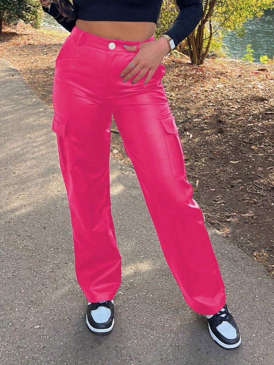 MYOURSA Solid Color Flap Pocket PU Leather Cargo Pants - Hot Pink - View 1