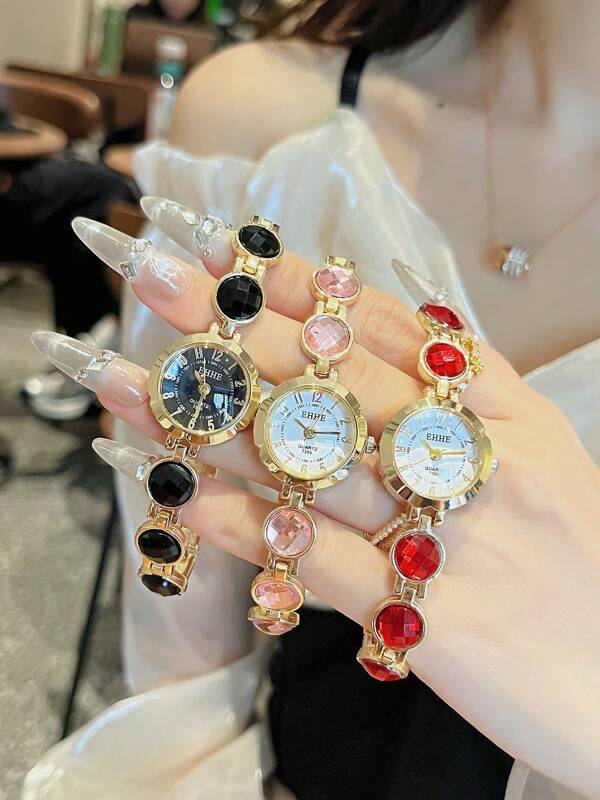 1pc Ladies' Colored Rhinestone Strap Watch, Women Fashion Elegant Gold Color Bracelet Watch Style, Daily Use