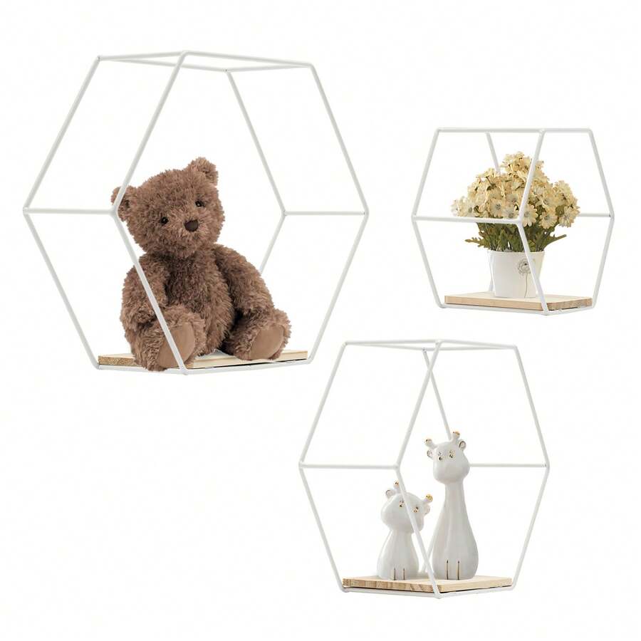 Juego de 3 estantes de pared hexagonales de metal, estantes colgantes decorativos dorados, estantes de pared tipo loft, estantes colgantes decorativos, estante de pared para decoración de paredes en la sala de estar, dormitorio, baño, cafetería y hotel. - Blanco - Ver 1