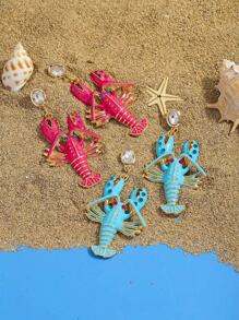 1 Pair Cute Enamel Inlaid Rhinestone Lobster Earrings, Fashionable Lobster Earrings With Ocean Elements Style, Suitable For Women To Wear For Holiday, Beach And Daily Occasions