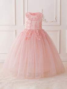 Tween Girls Embroidery Applique Bridesmaid Wedding Party Flower Girl Dress, Elegant Tulle Birthday Party Children Clothing Graduation Ceremony Hosting Performance - 粉色 - 查看 1