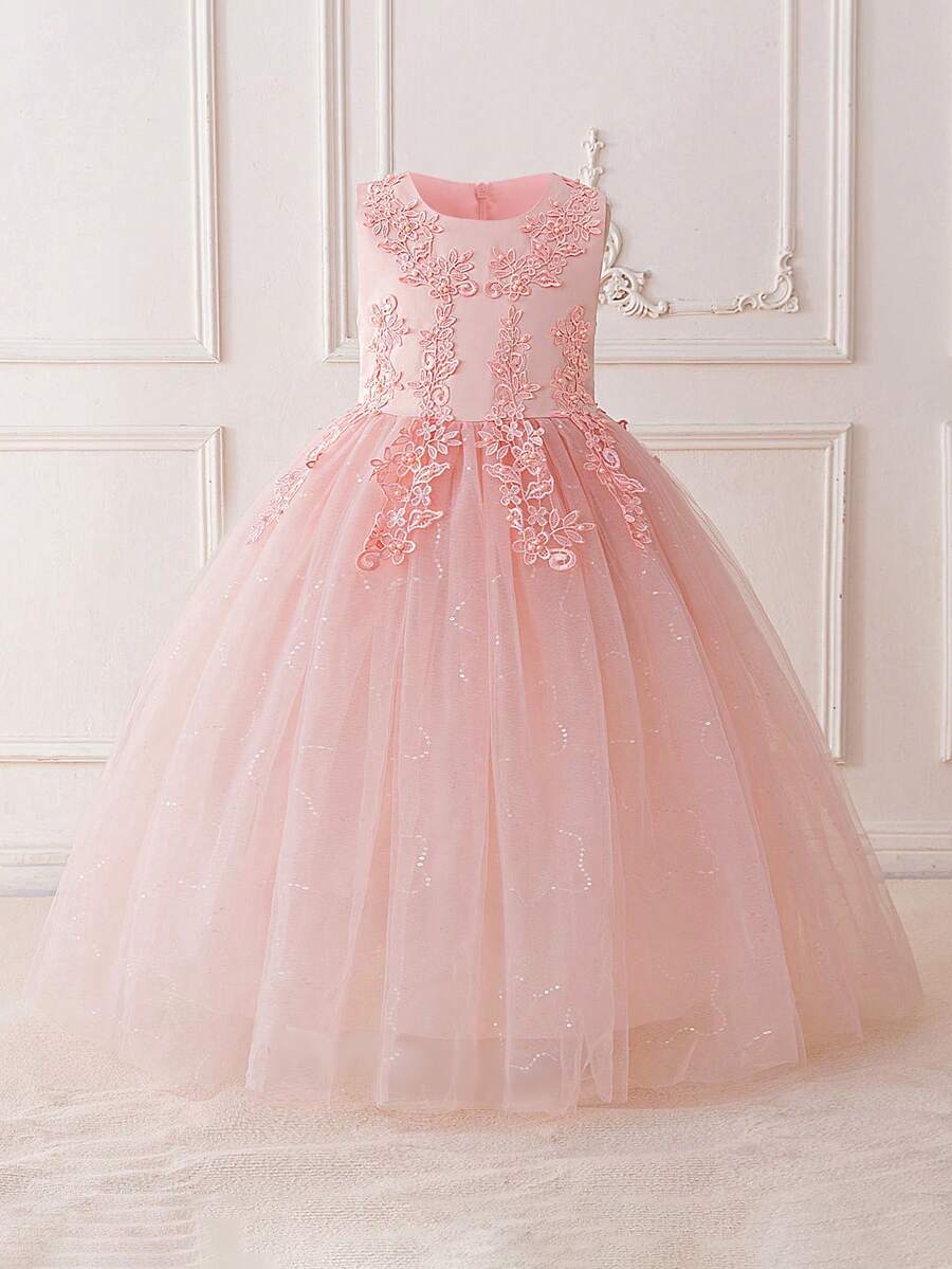 Tween Girls Embroidery Applique Bridesmaid Wedding Party Flower Girl Dress, Elegant Tulle Birthday Party Children Clothing Graduation Ceremony Hosting Performance - 粉色 - 查看 1