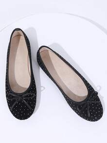 Ballet Dance Flats, Round Toe Black Bow, Crystal Decor, Soft & Comfortable Flat Bottom, Lightweight, Slip-On, Suitable For Work, Travel, Vacation, Party, Casual, Elegant, Adorable Lady Loafers - Black - View 4