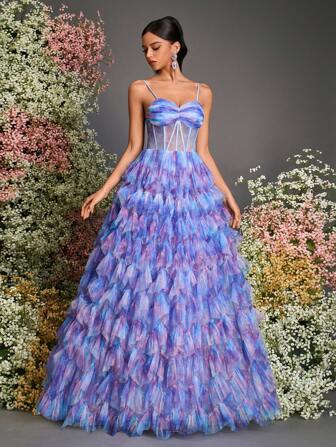 AOSHABABI 女士梦幻渐变紫蓝无袖鱼尾腰晚礼服，蓬松薄纱裙，散发优雅正式气息，适合正式场合、大型晚会、婚礼宾客、音乐节、节日、毕业舞会、鸡尾酒会、约会、度假和伴娘礼服