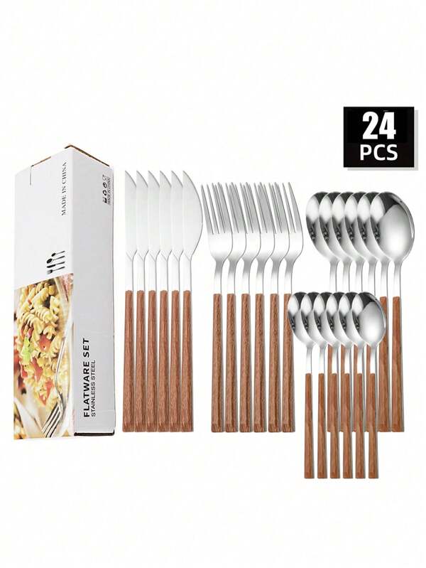 4/16/24 Piece Stainless Steel Knife, Fork, Spoon Cutlery Set, Steak Cutlery Plastic Handle Imitation Wood Grain Design Suitable For Home Kitchens, Parties, Weddings, Holiday Gifts