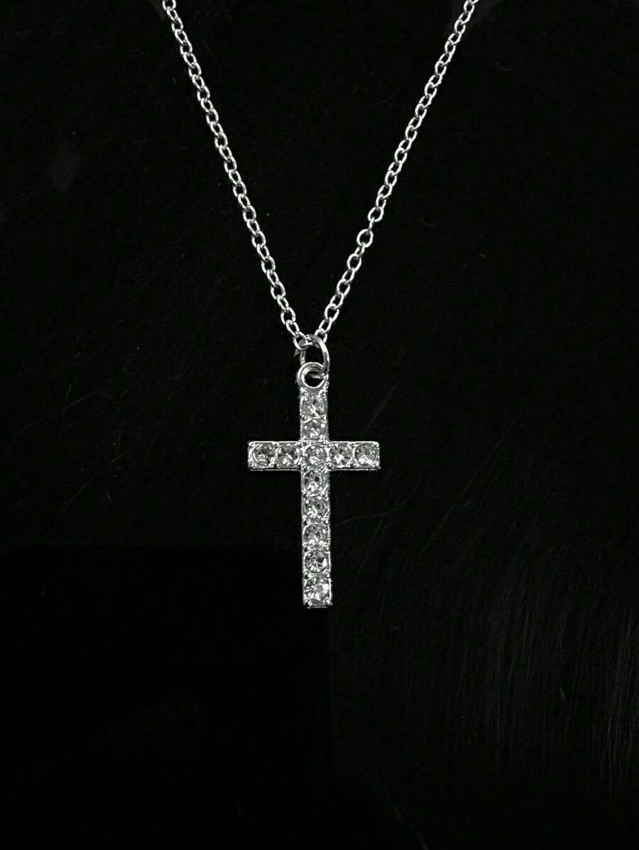 Gothic Style Rhinestone Studded Cross Stainless Steel Necklace For Women & Men