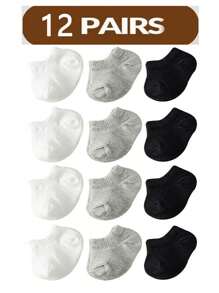 3pcs/6pcs/12pcs Baby Non-Slip Floor Socks, Black White Gray Polka Dot Pattern Boat Socks, Suitable For Daily Wear, 0-4 Years Old