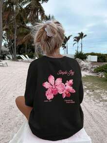 Plus Size Women's Colorful Letter & Floral Print Round Neck T-Shirt, Fashion & Versatile. White & Pink Printed Tee, Suitable For Daily Wear, Outings, Parties, School, Music Festivals, Vacations, Commuting, Etc. Can Be A Gift For Family, Boyfriend, Girlfriend, Friends, And An Ideal Summer Clothing Choice For Girls. - Black - View 2