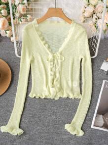 Women Casual V-Neck Slim Fit Short Sleeve Thin Knit Cardigan With Tie Belt, Green Ruffle Trim, Spring & Summer