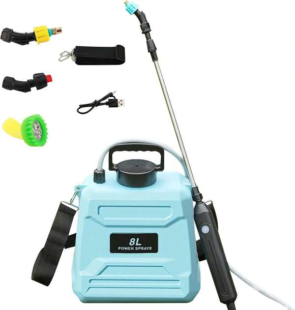 Batteriebetriebenes Sprühgerät 2 Gallonen, Elektrisches Garten-Rucksacksprühgerät mit 5 Nebeldüsen, Wiederaufladbarer Griff, Einziehbarer Stab, Unkraut-Rasensprühgerät für Rasen, Gartenreinigung