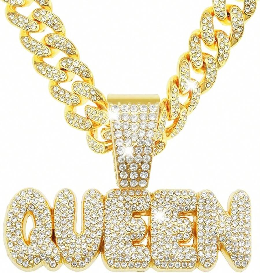 Men's Shiny Cuban Chain Necklace, Miami Style Silver Plated Gold Plated Shiny Necklace, Hop Necklace - 皇后-金色 - 查看 1