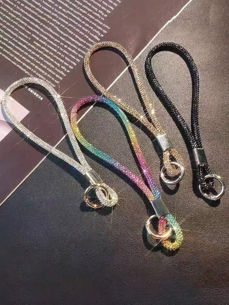 1 قطعة سلسلة معصم مرصعة بالراين كريستال، ديكور علوي فاخر مرصع بالراين، حزام هاتف قصير عصري، سلسلة كاميرا مضادة للفقد