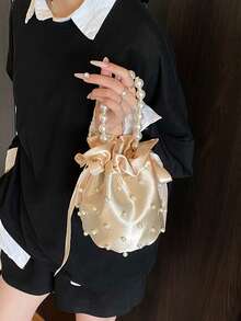 Summer Pearl Embedded Silk Small Handbag For Women, New Clutch Bag For Banquet Party, Handle/Crossbody Bucket Bag, Elegant & Versatile Phone Wallet Coin Purse - Beige - View 6