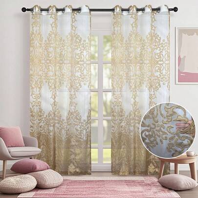 1 片锦缎提花薄纱窗帘，金色，索环顶部，轻盈透气的面料，压花提花技术，优雅奢华的家居装饰，适用于客厅、卧室、办公室、斋月、中东风格