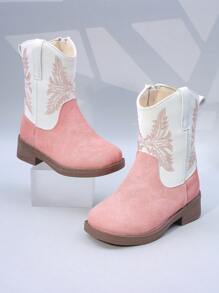 Botas altas para niños, zapatos de niña con botas de tubo alto hasta la pantorrilla, botas occidentales con bordados y tacón alto, diseño de color parchwork con puntera cuadrada y cremallera lateral