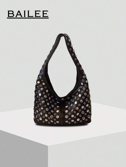 BAILEE 1 件时尚个性 Y2K 辣妹风格纯色 PU 皮革全身铆钉镶嵌设计单肩腋下包适合女性休闲旅行度假简约服饰搭配和户外休闲购物