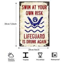 1 件复古锡标签金属，趣味标语 - 游泳风险自负，救生员再次喝醉，泳池标志，复古趣味牌匾标志，适用于泳池海滩水上乐园装饰户外标志尺寸 8 X 12 英寸预留孔，款式随机