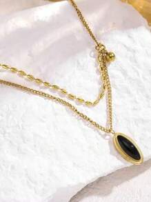 1pc Vintage French Style Titanium Steel Chain Oval Pendant Necklace, Fashionable Minimalist Choker Necklace, Elegant Elegant Neck Accessory
