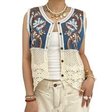 Womens Sleeveless Denim Crochet Pathchwork Vest Jacket Paisley Embroidered Button Jeans Waistcoat - Orange - View 3
