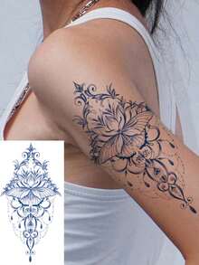 1pc Fashionable Butterfly Chain Print Temporary Tattoo, Flower & Chain Tattoo Designs, Unisex Body Art Fake Tattoo Sticker, Waterproof, Suitable For Arms, Hands, Abdomen, Feet - Safe, Easy To Apply & Remove, Lasts 7-14 Days, Beach Party Accessory, DIY Gift