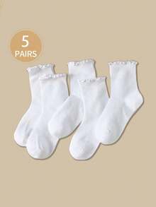 1 Pair / 5 Pairs Mid-Calf Socks With Solid White Stripes And Ruffled Edges, Which Are Suitable For Home, Travel, Vacation And All Seasons. - White - View 1
