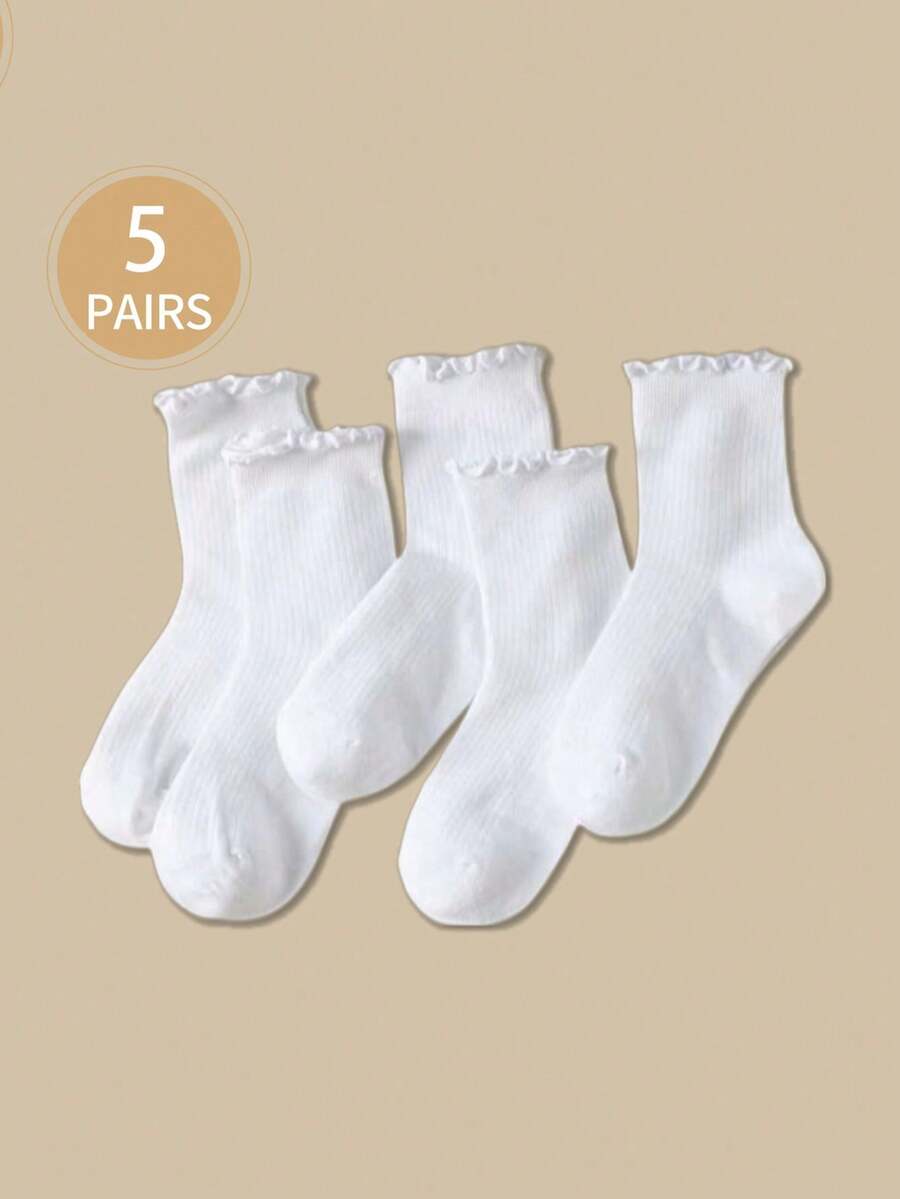 1 Pair / 5 Pairs Mid-Calf Socks With Solid White Stripes And Ruffled Edges, Which Are Suitable For Home, Travel, Vacation And All Seasons. - White - View 1