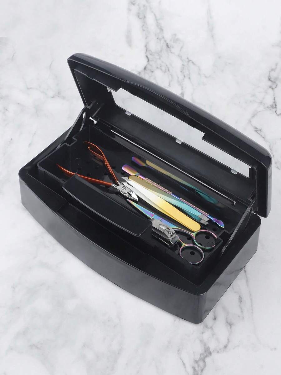 1pc Disinfection Tray For Nail Tools, Anti-Leak Disinfector, Made Of Durable ABS Plastic, Suitable For Disinfecting Manicure, Hairdressing, Salon And Nail Equipment And Instruments, Long-Lasting Disinfection Container - Black - View 1