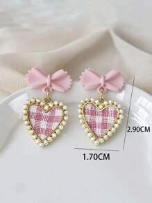 1 Pair Cute Faux Pearl Heart & Bow Plaid Stud Earrings, Simple Elegant Earrings For Women