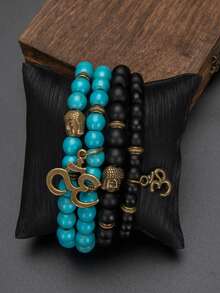 1/2pcs Unisex Adjustable Synthetic Turquoise Glass Beaded Bracelet Set, Versatile Daily Wear