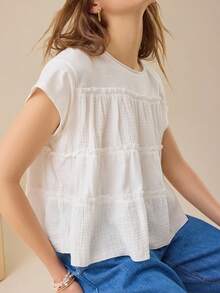 Women's Ruffle Cap Sleeve Flared Hem Blouse Shirt Tops - 白色 - 查看 3