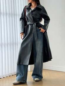 سترة واقية من الرذاذ الصناعي للنساء، لون أحادي، جلد صناعي من مادة البولي فينيل كلوريد، جيوب معقودة، أمام الزر، مناسبة للمواعيد والأعياد والحفلات والسفر والمناسبات الرسمية، الخريف/الشتاء