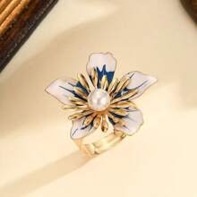 1 pieza Anillo abierto con flor de cristal de gran tamaño al estilo europeo y estadounidense, regalo de boda/fiesta/festival para mujer, de moda