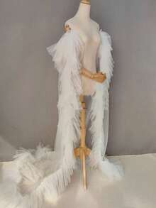 Chal de tul extra grande para novia, accesorio de vestido de novia y de fiesta con caída, ropa de verano para mujer, para la playa - Blanco - Ver 3