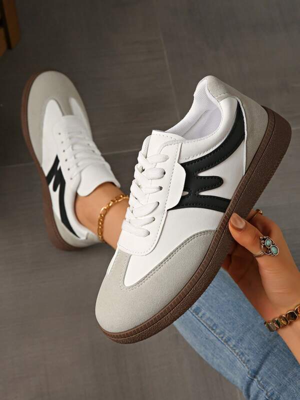 Women's Round Toe Low Top Casual Sneakers, Waterproof Non-Slip Easy Cleaning, Comfortable Flat Versatile White Shoes, Color Block Athletic Leisurewear Retro Vulcanized Shoes, Black/White/Grey, Spring/Autumn