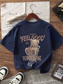 Tween Girl Summer 1pc Double-Sided Bear Print Crew Neck Short Sleeve T-Shirt, Young Student Clothing - Navy Blue - View 4