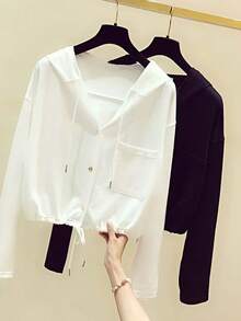 Women's Solid Color Drop Shoulder Long Sleeve Hooded Jacket With Pockets - White - View 1