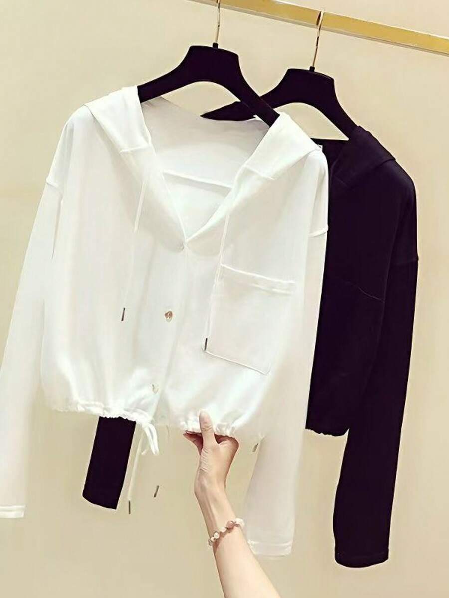 Women's Solid Color Drop Shoulder Long Sleeve Hooded Jacket With Pockets - White - View 1