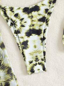 3pcs Women's Sexy Metal Ring Tie Dye Print Bikini Set With Backless Tie-Up Top And Mesh Skirt, Summer - Multicolor - View 7