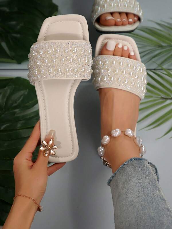 Plus Size Women's Slip-On Rhinestone Decorated Sandals, Casual Versatile Outdoor Plastic Flat Slippers