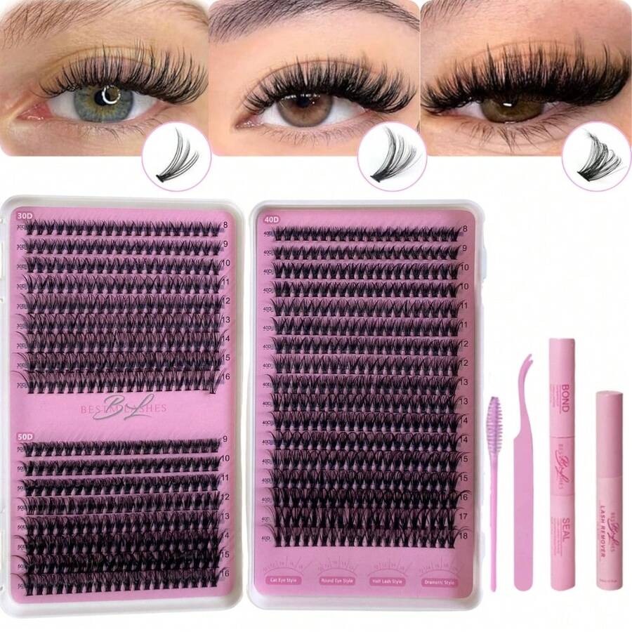 Eyelash Clusters 30D+40D+50D Kit Wispy Individual Lashes 680PCS D-Curly Lash Extension 8-18MM Natural Lashes Clusters With Glue, Tweezers, Remover, Lash Brush, Reusable DIY Eyelash Extensions For Beginners - màu đen - Xem 1
