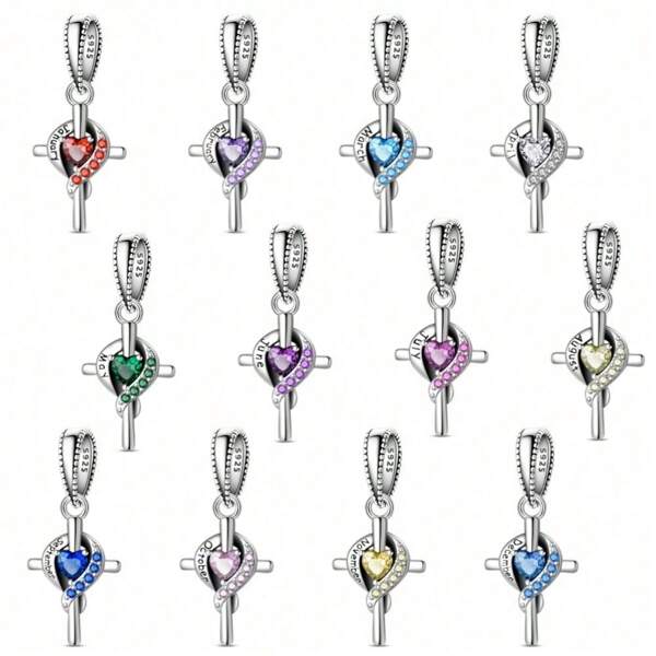 1 Piece Of 925 Sterling Silver Cross Birthstone Pendant For January, February, March, April, May, June, July, August, September, October, November, And December. Suitable For DIY Jewelry Making, Anniversary Gifts, Sweet-Style Jewelry, And Jewelry Gifts For Both Men And Women.